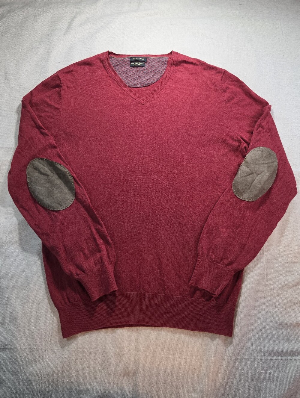 Massimo Dutti Red Cotton Silk Cashmere V-Neck Sweater w/ Contrast Elbow Patches